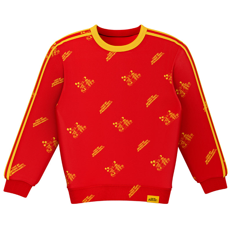 Red sweatshirt with printed repeated pattern of Grimace, Birdie, and characters alternating with I had my birthday party at McDonald's text in yellow
