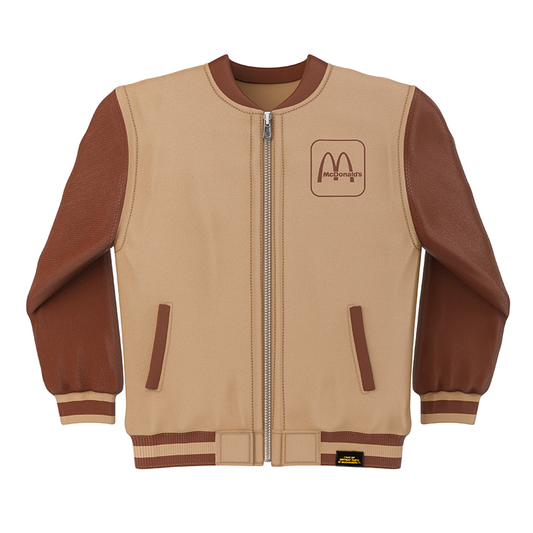 Brown varsity zipped jacket with dark brown sleeves, accents, and McDonald's Golden Arches on chest