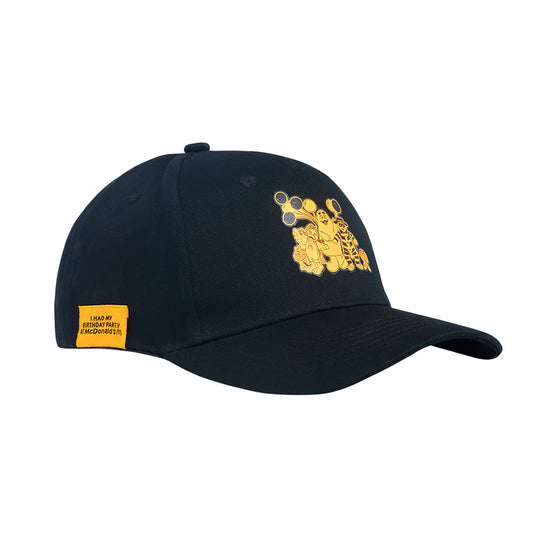 black cap with yellow printed characters and yellow woven tag