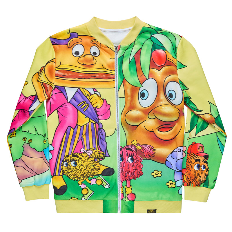 Multi-coloured varsity zipped jacket with printed Mayor McCheese and characters with yellow cuffs and waistband 