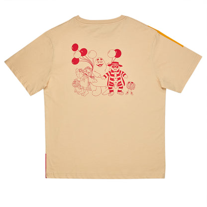 Back of t-shirt showing printed Grimace, Hamburglar and characters in red