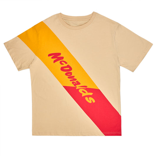 Beige t-shirt with yellow and red printed McDonald's diagonal banner across front. 