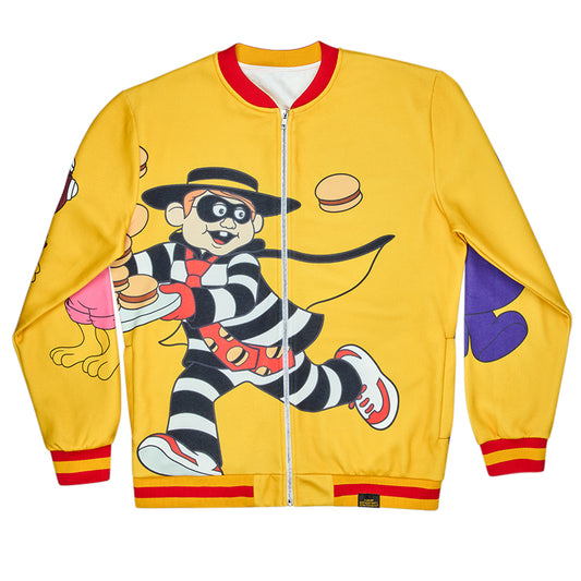 Yellow varsity zipped jacket with printed Hamburglar, Birdie and Grimace across front and back with red decals