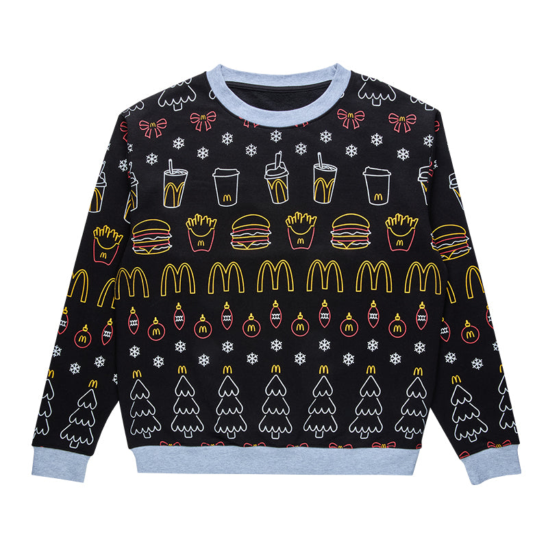 Black sweatshirt with repeated outline illustrated McDonald icons, including Golden Arches, fries and snowflakes.  