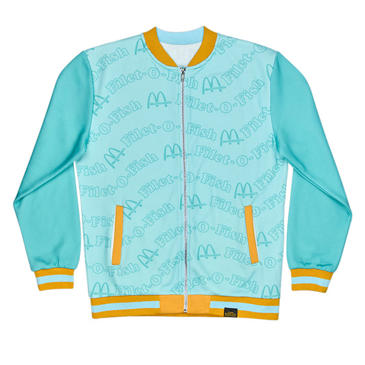 Blue varsity zipped jacket with printed Filet-O-Fish design on body with yellow decals