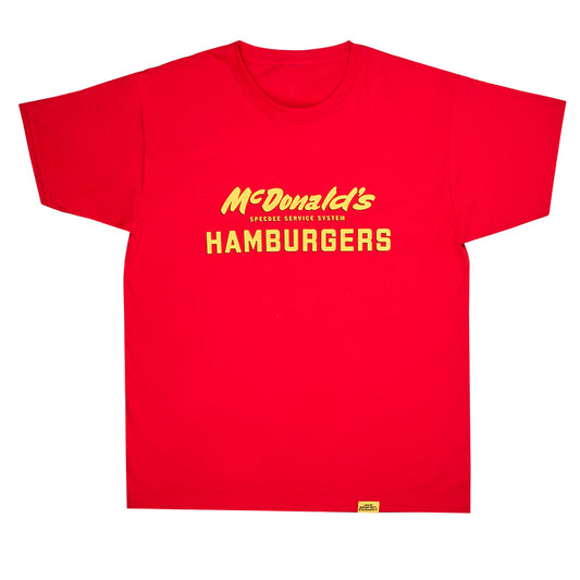 Red t-shirt with McDonald's Speedee service system hamburgers printed in yellow