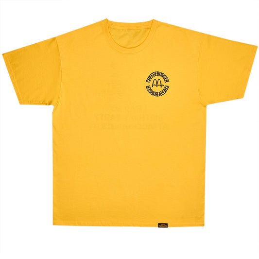 Yellow t-shirt with black McDonald's Golden Arches and Cheeseburger text on chest 