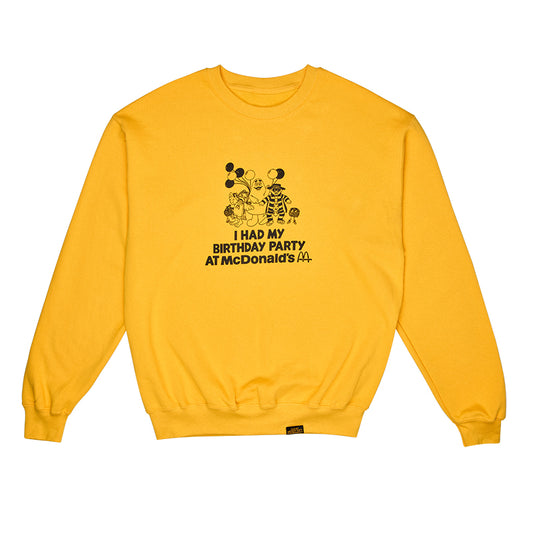 Yellow sweatshirt with Grimace, Birdie and characters with I had my Birthday party at McDonald's text printed in the centre