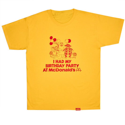 Yellow t-shirt with printed Grimace, Birdie and characters, and I had my Birthday party text printed in red