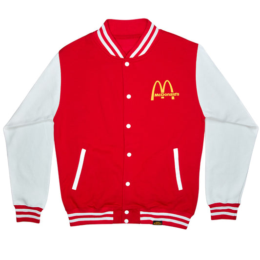 Red varsity jacket with white sleeves and Golden Arches logo on chest 