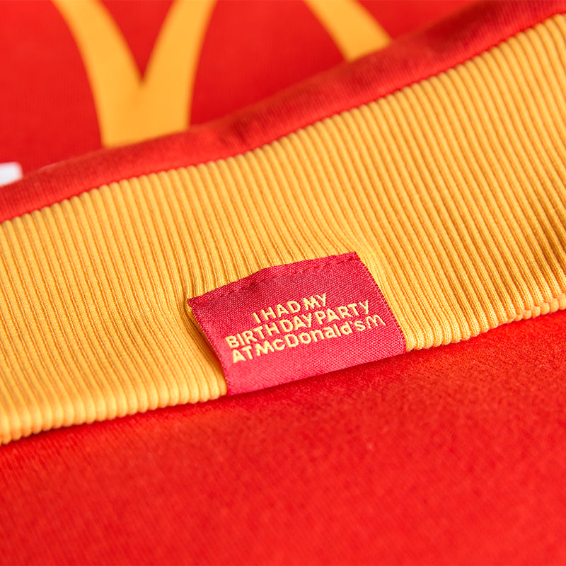 Red woven Sweatshirt tag with I had my Birthday Party at McDonald's text