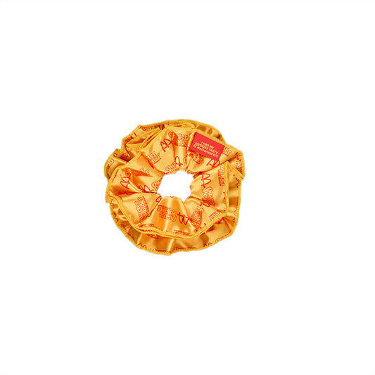 Yellow Scrunchie with red quarter pounder and Golden Arches repeated pattern  