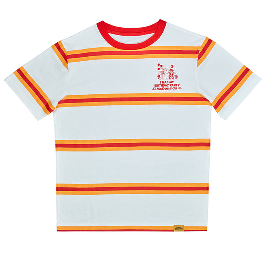 White t-shirt with yellow and red stripes across. Grimace, Birdie, and characters with I had my Birthday party at McDonald's printed on the chest